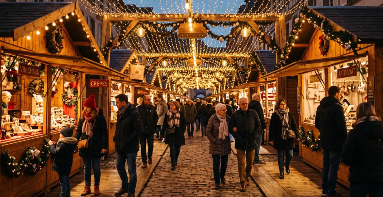 Allée de marché de Noël avec installations lumineuses suspendues et visiteurs déambulant