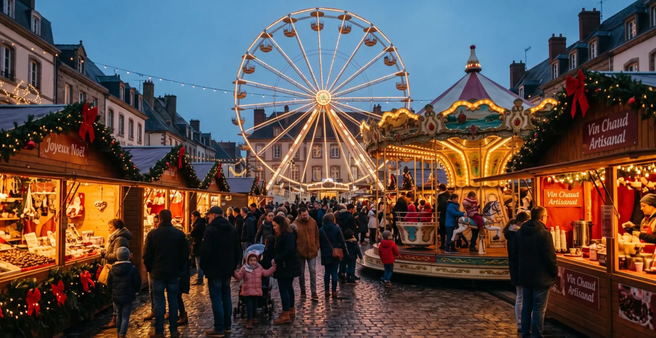 Grande roue illuminée et manège dans un marché de Noël français en soirée avec visiteurs