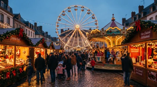 Grande roue illuminée et manège dans un marché de Noël français en soirée avec visiteurs