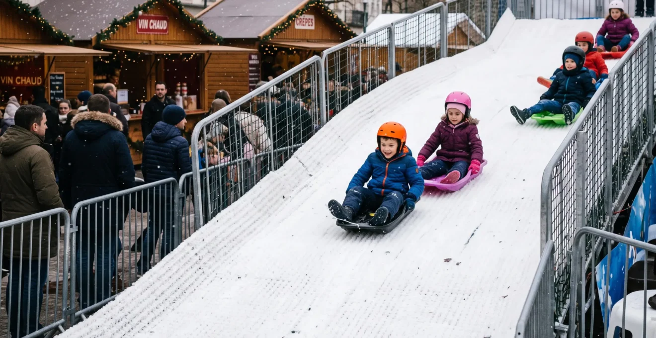 Enfants glissant sur une piste de luge synthétique dans un marché de Noël