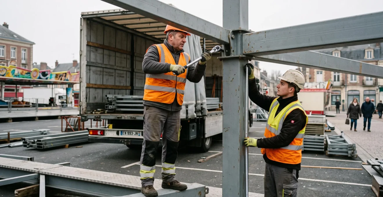 Techniciens installant la structure métallique d'une attraction sur une place publique